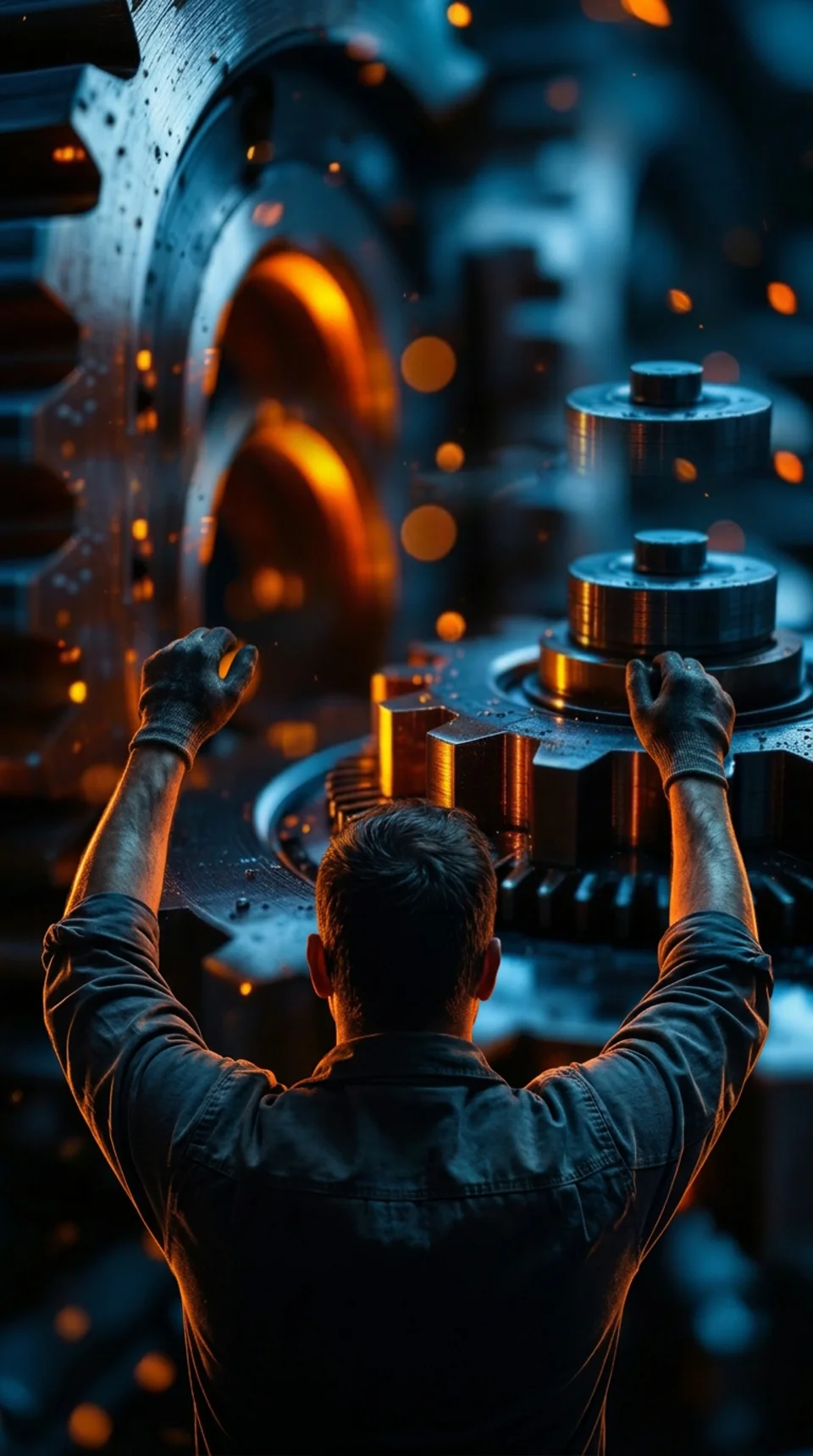 Machine operator seen from behind, working a glowing gear mechanism