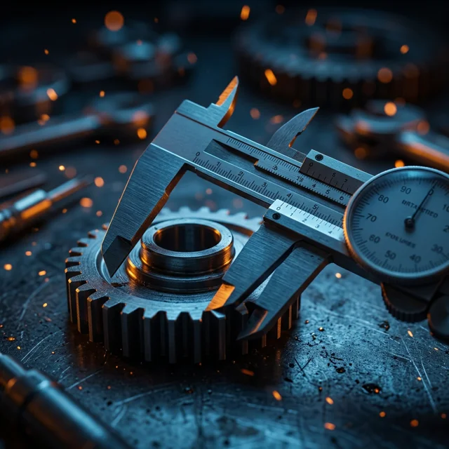 Precision caliper measuring the teeth of a machined gear