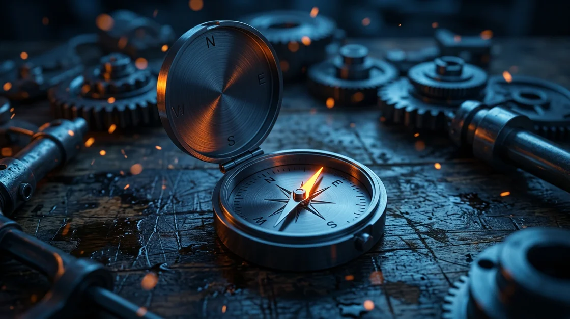 Machined steel compass settling on a bearing, needle glowing orange